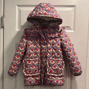 Mini Boden Lavender Floral Quilted Hooded Puffer with Red Flowers